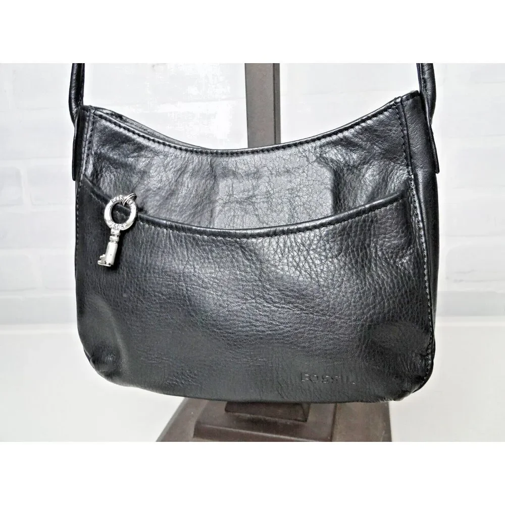 Fossil Small Crossbody Black Handbag - Leather Purse/Bag -‎ Key Charm
